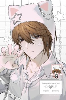1boy animal_ear_headwear animal_hat bandaid bandaid_on_cheek bandaid_on_face brown_eyes brown_hair cat_hat chibi chibi_inset claw_pose closed_mouth collared_shirt cuffs death_note earrings fake_animal_ears grid_background hair_between_eyes handcuffs hashtag-only_commentary hat highres jewelry male_focus neckerchief nyamnyam_(ny_am_030) original pom_pom_hat_ornament shirt short_hair solo upper_body white_neckerchief white_shirt window_(computing) yagami_light
