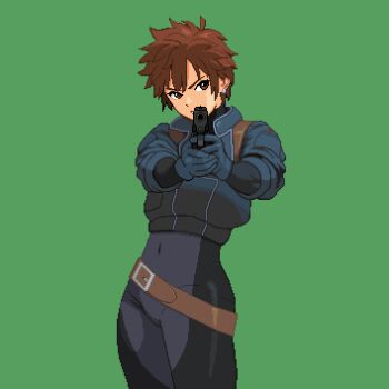 1girl aiming aiming_at_viewer belt black_bodysuit blue_gloves blue_jacket bodysuit bodysuit_under_clothes brown_belt brown_eyes brown_hair covered_navel cowboy_shot earrings gloves green_background gun handgun highres holding holding_gun holding_weapon jacket jewelry kei_sakuragi picopico256 pixel_art short_hair simple_background solo the_scramble_vice weapon