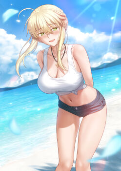 1girl absurdres ahoge artoria_pendragon_(fate) artoria_pendragon_(lancer)_(fate) bare_shoulders beach besmiled blonde_hair blue_shorts blush braid breasts cleavage commentary english_commentary fate/grand_order fate_(series) green_eyes hair_between_eyes highres jewelry large_breasts long_hair looking_at_viewer navel necklace open_mouth shirt shore short_shorts shorts sidelocks smile solo tank_top thighs tied_shirt variant_set white_tank_top