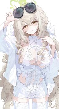 1girl adjusting_eyewear alternate_costume bike_shorts_under_leotard blue_archive bow braid choppy_bangs cowboy_shot eyewear_on_head flower_halo green_halo hair_bow hair_ribbon halo hand_on_eyewear highres jacket kabedoru leotard long_hair looking_at_viewer miyo_(blue_archive) open_clothes open_jacket ribbon ribbon_braid shorts solo sunglasses thighhighs white_background white_bow white_jacket white_leotard white_shorts white_thighhighs