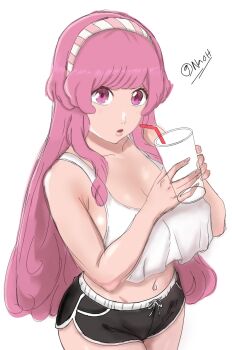 1girl artist_name bare_shoulders bleach bleach:_sennen_kessen-hen blush breasts collarbone cup dolphin_shorts drinking_glass drinking_straw large_breasts looking_at_viewer meninas_mcallon naoh2 navel open_mouth pink_eyes pink_hair quincy_(bleach) shiny_skin shorts simple_background spread_legs sternritter stomach white_background