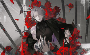 1girl 1other absurdres black_gloves black_jacket black_shirt breasts closed_mouth eyes_visible_through_hair flower gloves grey_background grey_hair hair_over_one_eye highres holding_hands incredibly_absurdres jacket large_breasts liangyi_s looking_at_viewer path_to_nowhere pov pov_hands purple_eyes red_flower red_rose rose shirt short_hair shoulder_tattoo single_bare_shoulder single_off_shoulder sleeveless sleeveless_shirt solo_focus straight-on tattoo turtleneck turtleneck_shirt upper_body watermark weibo_watermark zoya_(path_to_nowhere)