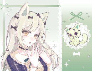 Rule 34 | 1girl, animal ears, bang dream!, bang dream! it's mygo!!!!!, beatcats, black bow, black choker, bow, cat, cat ears, cat girl, chinese commentary, choker, commentary request, emma (beatcats), frilled choker, frills, green hair, hair bow, hands up, highres, kemonomimi mode, long hair, long sleeves, sanrio, shoushud, sidelocks, upper body, wakaba mutsumi