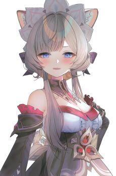 aengdohwa animal_ears bare_shoulders black_dress blue_eyes blush breasts brown_hair cat_ears cleavage commentary_request detached_sleeves dress fake_animal_ears fang genshin_impact highres looking_at_viewer maid_headdress medium_breasts open_mouth sandrone_(genshin_impact) smile solo solo_focus