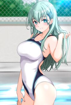 1girl absurdres aqua_eyes aqua_hair blush breasts chain-link_fence collarbone competition_swimsuit day fence hair_ornament hairclip highres kantai_collection large_breasts long_hair looking_at_viewer nitamako_(sakamalh) one-piece_swimsuit outdoors pool smile solo suzuya_(kancolle) swimsuit water white_one-piece_swimsuit
