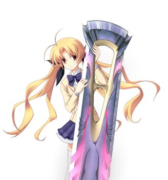 1girl antenna_hair black_bow blazer blonde_hair bow bowtie breasts brown_eyes brown_jacket chaos;head collared_shirt d-sword dress_shirt game_cg glowing glowing_weapon hair_bow holding holding_sword holding_weapon huge_weapon jacket looking_at_viewer matsuo_yukihiro miniskirt non-web_source official_art orihara_kozue petticoat plaid_bow plaid_bowtie plaid_clothes plaid_skirt purple_bow purple_bowtie sad school_uniform science_adventure shirt skirt small_breasts solo sprite suimei_academy_school_uniform sword thighhighs transparent_background twintails weapon white_shirt white_thighhighs winter_uniform zettai_ryouiki