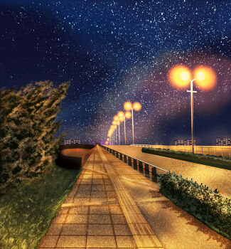 absurdres blue_sky city_lights commentary_request grass hedge highres lamppost night no_humans original outdoors path pizza_(pddc8233) road scenery sky star_(sky) starry_sky tree