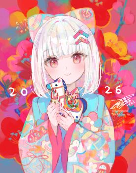 1girl 2026 absurdres blunt_bangs bow commentary flower fuzichoco hair_bow hair_ornament hairclip highres holding japanese_clothes kimono original pink_eyes short_hair solo symbol-only_commentary white_hair
