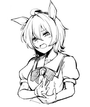Rule 34 | 1girl, agnes tachyon (umamusume), ahoge, animal ears, bow, bowtie, breasts, clapping, commentary request, greyscale, hair between eyes, horse ears, horse girl, long bangs, looking at viewer, medium breasts, monochrome, open mouth, puffy short sleeves, puffy sleeves, sadahiro (chicken nugget gyuuniku aji), sailor collar, sailor shirt, school uniform, shirt, short hair, short sleeves, simple background, sketch, solo, summer uniform, tracen school uniform, umamusume, upper body, v-shaped eyebrows