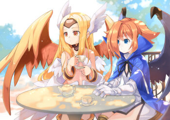 Rule 34 | 2girls, angel wings, archangel (riviera), bare shoulders, black wings, blonde hair, blue eyes, chair, clawed wings, cloak, commission, cup, feathered wings, garun wattanawessako, head wings, holding, holding cup, holding saucer, long hair, medium hair, multiple girls, multiple wings, on chair, orange eyes, orange hair, orange wings, original, riviera, saucer, sitting, table, teacup, teapot, wings