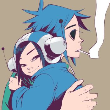 Rule 34 | 1boy, 1girl, age difference, azuma369, black eyes, black hair, blue coat, blue hair, brown background, carrying, carrying person, cigarette, coat, commentary, from side, gorillaz, green shirt, helmet, hug, medium hair, no pupils, noodle (gorillaz), radio antenna, shirt, short hair, sidelocks, size difference, smile, smoke, smoking, stuart pot, teeth