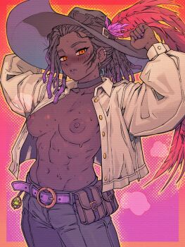 1girl arms_up belt belt_pouch black_choker black_hair black_pants blush breasts buttons caffichai choker collarbone collared_jacket commentary commission cow_girl cowboy_shot dark-skinned_female dark_skin dreadlocks ear_cuffs earrings english_commentary facial_tattoo feathers gradient_background hat hat_feather highres hoop_earrings jacket jewelry large_hat long_sleeves looking_at_viewer medium_breasts muscular muscular_female nipples no_bra original pants pouch puffy_long_sleeves puffy_sleeves purple_belt purple_lips purple_nails red_feathers solo sweat tattoo very_dark_skin white_jacket yellow_eyes