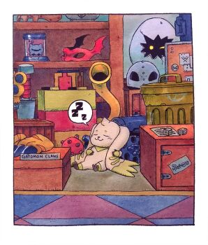 1boy :3 animal_ears animal_hands annotation_request bomb box canister cat_paws character_name claws closed_eyes cracked_egg dice digimon digimon_(creature) digitamamon egg explosive eye_mask gloves grey_helmet gun handgun helmet horn_(instrument) horns kuramon label looking_at_viewer lop_rabbit_ears mask mechanical_hands one_eye_closed painting_(medium) paw_gloves rabbit_ears red_mask revolver safe_(container) shelf single_horn single_mechanical_hand sleeping smile solid_circle_eyes spoken_zzz staff sword tank_(container) taragraphika terriermon toy_block traditional_media trash_can u_u watercolor_(medium) weapon yellow_eyes yellow_gloves zzz