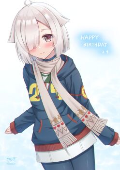 1girl ahoge black_pantyhose blue_background blue_hoodie blue_jacket blue_pantyhose blush brown_eyes closed_mouth commentary_request cowboy_shot dated drawstring dutch_angle fringe_trim gradient_background grey_hair grey_scarf hair_flaps hair_over_one_eye happy_birthday highres hood hood_down hooded_jacket hoodie jacket kisetsu_an kusunoki_mebuki_wa_yuusha_de_aru long_sleeves looking_at_viewer one_eye_covered pantyhose scarf school_uniform shirt short_hair signature simple_background skirt sleeves_past_wrists smile solo split_mouth white_background white_hair white_shirt white_skirt yamabushi_shizuku yuusha_de_aru