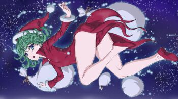 Rule 34 | 1girl, bag, bare legs, blue eyes, christmas, curly hair, dress, female focus, flying, green hair, hat, legs, looking at viewer, no panties, okiyumi kase, one-punch man, open mouth, pelvic curtain, red dress, sack, santa hat, short hair, solo, tatsumaki