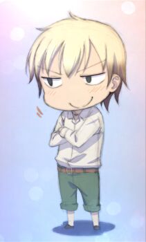 1boy black_eyes black_hair blank_eyes blonde_hair blush boku_wa_tomodachi_ga_sukunai chibi chibi_only closed_mouth collared_shirt commentary_request crossed_arms full_body gradient_hair green_pants hasegawa_kodaka highres jewelry long_sleeves male_focus multicolored_hair necklace official_artist_extra pants pants_rolled_up school_uniform shirt short_hair smile solo st._chronica_academy_school_uniform standing summer_uniform two-tone_hair v-shaped_eyebrows watanabe_yoshihiro white_shirt