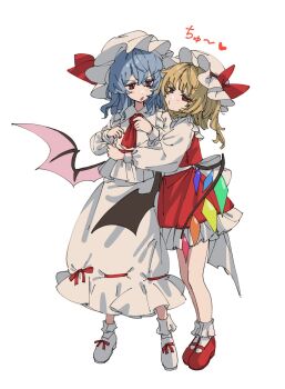 2girls ascot back_bow bat_wings blonde_hair blue_hair bow commentary_request crystal crystal_wings flandre_scarlet frilled_skirt frills full_body hat hat_ribbon highres hua88331 hug imminent_kiss incest long_sleeves mary_janes mob_cap multicolored_wings multiple_girls one_side_up pointy_ears red_ascot red_eyes red_nails red_shoes red_skirt red_vest remilia_scarlet ribbon shirt shoes siblings simple_background sisters skirt skirt_set socks touhou translation_request vest white_background white_bow white_hat white_shirt white_shoes white_skirt white_socks wings yuri