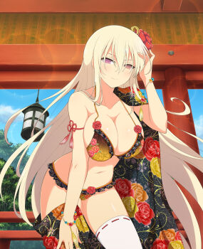 1girl adjusting_clothes architecture arm_tassel armband armpit_crease bikini blonde_hair bracelet breasts chinese_knot cleavage collarbone day east_asian_architecture floral_print floral_print_bikini flower frilled_bikini frills hair_flower hair_ornament hanging_lantern highres japanese_clothes jewelry large_breasts leaning_forward lens_flare leo_(senran_kagura) long_hair looking_at_viewer navel official_art plant print_bikini purple_eyes red_armband red_flower red_rose ribbon-trimmed_thighhighs ribbon_trim rose senran_kagura senran_kagura_new_wave shiny_skin smile solo sparkle standing swimsuit thighhighs tree undressing very_long_hair white_thighhighs wrist_tassel yaegashi_nan