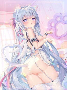 1girl animal_ear_fluff animal_ears ass backless_outfit bedroom blue_eyes blue_hair blush breasts cat_ears cat_girl cat_tail cleft_of_venus commentary_request curtains fang feathered_wings garter_belt garter_straps hair_ribbon heart heart-shaped_pupils heart_tail highres horns indie_virtual_youtuber indoors long_hair maid ninico_(vtuber) nipples open_mouth paw_pose paw_print pink_ribbon pussy pussy_juice ribbon sannio single_horn single_wrist_cuff skindentation small_breasts solo stuffed_animal stuffed_dog stuffed_toy symbol-shaped_pupils tail thighhighs thighs unicorn very_long_hair virtual_youtuber white_thighhighs window winged_unicorn wings wrist_cuffs