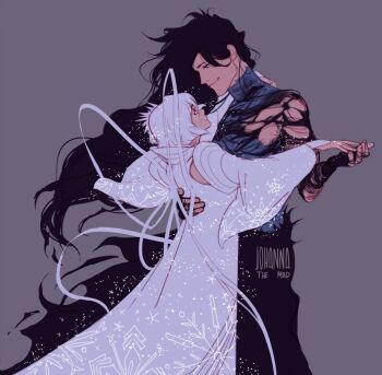 1boy 1girl alternate_form bandaged_chest bandaged_torso bankai black_hair bleach commentary cryokinesis english_commentary form_change hakka_no_togame_(bankai) ice ice_crystal johannathemad kuchiki_rukia kurosaki_ichigo mugetsu_form_(bleach) official_alternate_hair_color sash tall_male torn_cloth white_sash