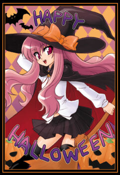 Rule 34 | 00s, 1girl, argyle background, argyle clothes, cape, female focus, halloween, happy halloween, hat, kekocha, louise francoise le blanc de la valliere, solo, thighhighs, witch hat, zero no tsukaima
