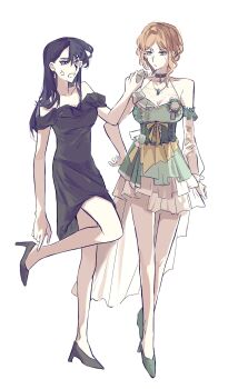 Rule 34 | 2girls, artist request, bang dream!, bang dream! it's mygo!!!!!, black choker, black dress, black shoes, blue eyes, breasts, brown hair, chinese commentary, choker, cleavage, commentary request, commission, detached sleeves, dress, earrings, green dress, hair between eyes, hand on another's shoulder, high heels, highres, jewelry, large breasts, long hair, medium breasts, mole, mole under eye, multiple girls, nagasaki soyo, off-shoulder dress, off shoulder, purple eyes, second-party source, shiina taki, shoes, simple background, single detached sleeve, white background