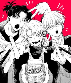 1girl 2boys :o ;d azami box brand_name_imitation collared_shirt commentary_request dress_shirt food glasses greyscale_with_colored_background highres holding holding_food holding_pocky incoming_food kagurabachi multiple_boys notice_lines one_eye_closed open_mouth pocky red_background sazanami_hakuri shirakai_kiri shirt short_eyebrows short_hair simple_background single_sidelock smile tomboy turtleneck undershirt uruha_youji v