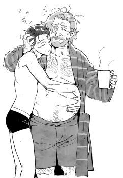 Rule 34 | 2boys, age difference, arms around waist, beard, boxers, chest hair, closed eyes, closed mouth, coffee mug, commentary, connor (detroit), cup, curtained hair, detroit: become human, facial hair, greyscale, hand on another's head, hank anderson, heart, highres, holding, holding cup, hug, leg hair, male focus, male underwear, messy hair, monochrome, mug, multiple boys, open clothes, open robe, ratsays squeak, robe, simple background, standing, topless male, underwear, white background, yaoi