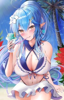 Rule 34 | 1girl, aqua nails, bare shoulders, beach, bikini, blue hair, blush, breasts, cleavage, closed mouth, collarbone, commentary request, crossed bangs, cup, day, elf, flower, food, hair between eyes, hair flower, hair ornament, highres, holding, hololive, ice cream, ice cream spoon, large breasts, long hair, looking at viewer, multicolored hair, navel, ocean, outdoors, pointy ears, red flower, solo, spoon, stomach, streaked hair, sunlight, swimsuit, upper body, utensil in mouth, v, very long hair, virtual youtuber, waniwani (wasabiwaniwani), white bikini, yellow eyes, yukihana lamy