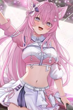 1girl 7nopi absurdres animal_ears antenna_hair arm_up belt birthday blush braid braided_bun breasts collared_shirt commentary_request concert cowboy_shot cropped_shirt crossed_bangs detached_sleeves dot_nose double-parted_bangs double_bun hair_between_eyes hair_bun hair_ornament hairclip hakui_koyori highres holding holding_microphone hololive hololive_idol_uniform_(color_rise) idol idol_clothes indoors large_breasts long_bangs long_hair long_sleeves looking_at_viewer microphone miniskirt multicolored_shirt navel official_alternate_costume open_mouth overskirt pink_hair pink_overskirt pink_ribbon pink_shirt purple_eyes ribbon screen shirt single_bare_shoulder single_detached_sleeve single_sleeve skirt smile solo stage stage_lights standing sweat teeth tongue upper_teeth_only very_long_hair virtual_youtuber white_belt white_skirt white_sleeves wolf_ears wristband