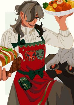 1boy apron arms_up arven_(holiday_2025)_(pokemon) arven_(pokemon) basket biting biting_another's_clothes brown_hair food hair_over_one_eye half_up_bun highres holding holding_basket holding_food k1ribarai looking_at_another mabosstiff male_focus medium_sideburns multicolored_hair nintendo no_lineart pawmi pokemon pokemon_(creature) pokemon_masters_ex red_apron sandwiched scovillain sideburns sweater two-tone_hair white_background white_sweater