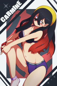 Rule 34 | 1girl, absurdres, armpit crease, black bra, black hair, blush, bra, breasts, cameltoe, carmine (pokemon), character name, collarbone, colored inner hair, crossed bangs, embarrassed, euf-dreamer, female focus, gloves, gluteal fold, hair between eyes, hair ornament, hairband, hands on own knees, highres, invisible chair, knee up, legs, long hair, looking to the side, midriff, mismatched underwear, mole, mole under eye, multicolored hair, navel, neck, nintendo, own hands together, panties, partially fingerless gloves, pokemon, pokemon sv, purple panties, red hair, sidelocks, single glove, sitting, small breasts, socks, stomach, thighs, two-tone hair, underwear, underwear only, wavy hair, yellow eyes, yellow hairband