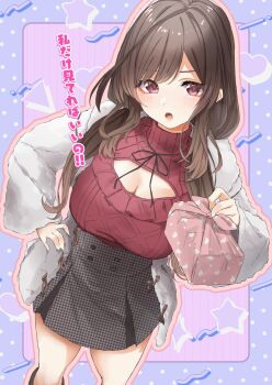 1girl brown_hair cleavage_cutout clothing_cutout coat commentary_request dutch_angle high-waist_skirt highres idolmaster idolmaster_shiny_colors long_hair looking_at_viewer miniskirt open_clothes open_coat pekoni_(peconi) red_sweater skirt solo sweater thighs translation_request tsukioka_kogane turtleneck turtleneck_sweater white_coat wrapped_bento