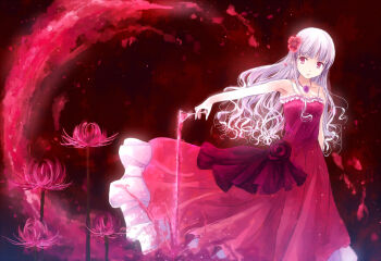 1girl cup dress drinking_glass female_focus flower hair_flower hair_ornament jewelry light_purple_hair long_hair original pendant pouring red_eyes red_flower red_theme silver_hair solo spider_lily wind wine_glass yakka