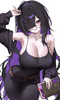 1girl abpart arm_up armpits artist_name bags_under_eyes bare_shoulders belt belt_buckle black-framed_eyewear black_cardigan black_dress black_hair blush book bookmark breasts brown_belt buckle cardigan cleavage colored_inner_hair commentary commentary_request cowboy_shot dress drooling english_commentary fingernails glasses goddess_of_victory:_nikke hair_over_one_eye highres holding holding_book huge_breasts label_(nikke) long_fingernails long_hair looking_at_viewer looking_over_eyewear loose_belt low_neckline messy_hair mixed-language_commentary mojyo mole mole_on_breast mouth_drool multicolored_hair off_shoulder open_mouth paid_reward_available paint_on_clothes paint_splatter pale_skin parted_bangs purple_eyes purple_hair purple_streaks sleeveless sleeveless_dress sleeves_past_wrists solo sweat thick_eyelashes two-tone_hair very_long_hair