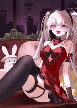 1girl absurdres aircraft alternate_breast_size_(larger) bare_shoulders black_gloves black_thighhighs breasts building cleavage commentary couch crossed_legs dirigible dress gloves heart heart_tattoo highres honkai:_star_rail honkai_(series) large_breasts long_hair night on_couch open_mouth purple_eyes red_dress skyscraper solo sparkle_(fictitious_game)_(honkai:_star_rail) sparkle_(honkai:_star_rail) sparxie_(honkai:_star_rail) ssamsa0404 tattoo thighhighs twintails very_long_hair white_hair