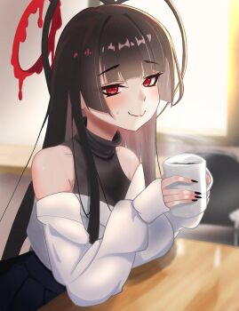 Rule 34 | 1girl, absurdres, bare shoulders, black hair, black nails, blood, blood halo, blue archive, blush, breasts, commentary request, cup, halo, highres, holding, holding cup, large breasts, liquid halo, long hair, long sleeves, nail polish, nervous sweating, red eyes, red halo, sabo10 fighter, solo, sweat, tsurugi (blue archive), wavy mouth