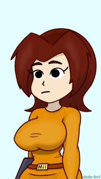1girl :| angry animated animated_gif arm_cannon artist_name belt belt_buckle black_eyes black_pantyhose blue_background blush bouncing_breasts breasts brown_belt brown_hair buckle character_name clenched_hand closed_mouth clothes_lift curvy dodo-bot dress dress_lift expressionless eyelashes female_focus flashing groin hand_up large_breasts long_sleeves medium_hair mii_(nintendo) mii_gunner navel nintendo nipples orange_dress orange_sweater pantyhose short_dress simple_background solid_eyes solo super_smash_bros. sweater sweater_dress taut_clothes taut_dress taut_sweater thick_eyebrows upper_body weapon