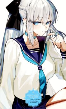 1girl black_bow blue_eyes blush bow braid breasts commentary_request fate/grand_order fate_(series) grey_hair hair_bow highres kabosoi_mangaka large_breasts long_hair long_sleeves looking_at_viewer morgan_le_fay_(fate) ponytail shirt sidelocks skirt smile solo very_long_hair