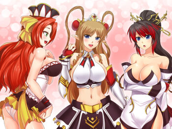 3girls ass banpresto black_hair blue_eyes breast_hold breasts brown_hair cleavage company_connection crossed_arms crossover darkmaya detached_sleeves green_eyes high_ponytail kouryuuji_mii large_breasts long_hair midriff multicolored_hair multiple_girls nanbu_kaguya navel neige_hausen panties ponytail project_x_zone red_hair skirt super_robot_wars super_robot_wars_og_saga_mugen_no_frontier super_robot_wars_og_saga_mugen_no_frontier_exceed underwear white_panties