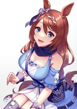 Rule 34 | 1girl, akatsuki (kuon), animal ears, blue bag, blue bow, blue dress, blue eyes, blue scarf, blue thighhighs, blush, bow, braid, breasts, brown hair, commentary request, dress, ear bow, hair between eyes, horse ears, horse girl, horse tail, large breasts, long hair, looking at viewer, multicolored hair, open mouth, scarf, simple background, smile, solo, streaked hair, super creek (murmuring stream) (umamusume), super creek (umamusume), tail, thighhighs, umamusume, very long hair, white background, white hair