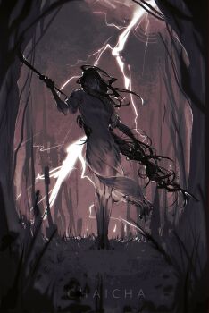 1girl alternate_costume angry artist_name blunt_bangs braid brown_background chaicha closed_mouth commentary dress electricity english_commentary engulfing_lightning_(genshin_impact) full_body genshin_impact glowing glowing_eyes head_tilt highres holding holding_polearm holding_weapon lightning long_braid monochrome polearm raiden_shogun short_sleeves single_braid solo standing storm torn_clothes torn_dress weapon wide_sleeves