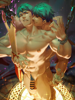 2boys abs absurdres bara blood censored chain chained_wrists chiizu_namasu clenched_teeth commentary completely_nude dual_persona english_commentary fire_emblem fire_emblem:_path_of_radiance fire_emblem:_radiant_dawn fire_emblem_heroes flaccid headband highres holding holding_sword holding_weapon ike_(brave_mercenary)_(fire_emblem) ike_(brave_mercenary)_(resplendent)_(fire_emblem) ike_(fire_emblem) ike_(zeal_unleashed)_(fire_emblem) impaled injury large_pectorals magic_circle male_focus male_pubic_hair multiple_boys muscular muscular_male navel nintendo nipples nude paid_reward_available pectorals penis pointless_censoring pubic_hair ragnell red_eyes selfcest short_hair sword teeth testicles variant_set weapon yaoi