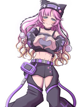 1girl anyoji_hime bare_shoulders belt black_pants black_shirt black_shorts blonde_hair braid collarbone commentary_request crotchless crotchless_pants feet_out_of_frame ganbarai gradient_hair handheld_game_console heart heart_hands high_heels highres linea_alba link!_like!_love_live! long_hair looking_at_viewer love_live! midriff multicolored_hair navel nyao_signyal off-shoulder_shirt off_shoulder official_alternate_costume pants pink_hair purple_belt shirt shorts side_braids simple_background solo twin_braids virtual_youtuber wavy_hair white_background