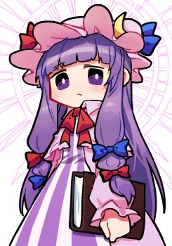 1girl :/ absurdres blue_bow blunt_bangs blush book bow bright_pupils bun_cover commentary crescent crescent_hat_ornament dress frilled_hat frills hair_bow hat hat_ornament highres holding holding_book jyoso long_hair long_sleeves looking_at_viewer mob_cap neck_ribbon patchouli_knowledge pink_hat pink_robe purple_dress purple_eyes purple_hair red_bow red_ribbon ribbon robe sidelocks solo straight_hair striped_clothes striped_dress touhou two-tone_dress vertical-striped_clothes vertical-striped_dress very_long_hair