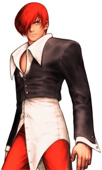 Rule 34 | 1boy, arms at sides, capcom vs. snk, choker, game cg, hair over one eye, highres, jacket, male focus, mori toshiaki, non-web source, official art, pants, red hair, red pants, shirt, sideways glance, simple background, solo, the king of fighters, white background, yagami iori