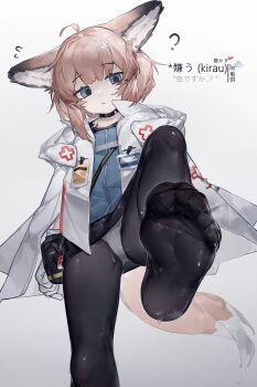 1girl absurdres ahoge animal_ears arknights black_pantyhose blue_eyes cross feet foot_focus fox_ears fox_tail highres meiwei_de_jianbing no_shoes panties panties_under_pantyhose pantyhose red_cross soles solo sussurro_(arknights) tail toes underwear