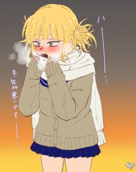 1girl blonde_hair blue_skirt blunt_bangs boku_no_hero_academia cardigan cowboy_shot double_bun hair_bun messy_hair pleated_skirt scarf school_uniform serafuku sidelocks skirt solo toga_himiko