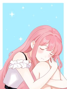 Rule 34 | 1girl, bare arms, bare legs, blue background, blunt bangs, border, bra strap, chinese commentary, choker, closed eyes, closed mouth, commentary request, cowboy shot, dot nose, expressionless, eyelashes, fetal position, frilled sleeves, frills, hair intakes, hair undone, highres, hugging own legs, infinity nikki, light blush, long hair, long sidelocks, medium skirt, mofei (xinjinjumin201230878497), nikki (nikki), nikki (series), off-shoulder shirt, off shoulder, outside border, perfect start (infinity nikki), pink choker, pink hair, pink skirt, pleated skirt, shirt, short sleeves, sidelocks, simple background, skirt, solo, sparkle, very long hair, wavy hair, white border, white shirt