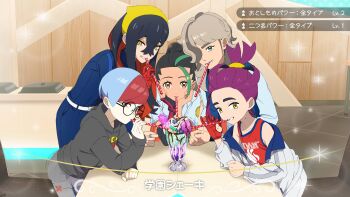 2boys 3girls arven_(pokemon) black-framed_eyewear black_hair black_hoodie blue_eyes blue_hair blue_vest brown_hair carmine_(pokemon) commentary_request crossed_bangs drinking_straw drinking_straw_in_mouth eyelashes food freckles glasses gloves green_hair hair_between_eyes hair_over_one_eye hairband highres holding holding_drinking_straw hood hood_down hoodie ice_cream indoors jacket kieran_(pokemon) long_hair long_sleeves looking_at_viewer mole mole_on_neck mole_under_eye multiple_boys multiple_girls nemona_(pokemon) nintendo open_clothes open_jacket orange_eyes partially_fingerless_gloves penny_(pokemon) pokemon pokemon_sv ponytail purple_hair red_gloves red_hair red_tank_top shared_drink single_glove sparkle sundae tank_top tli_eilt_pk translation_request vest white_jacket yellow_eyes yellow_hairband